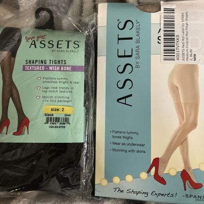 (2) Love Your Assets SPANX Shaping Tights Sz 2 Black Wish Bone & Mid-thigh